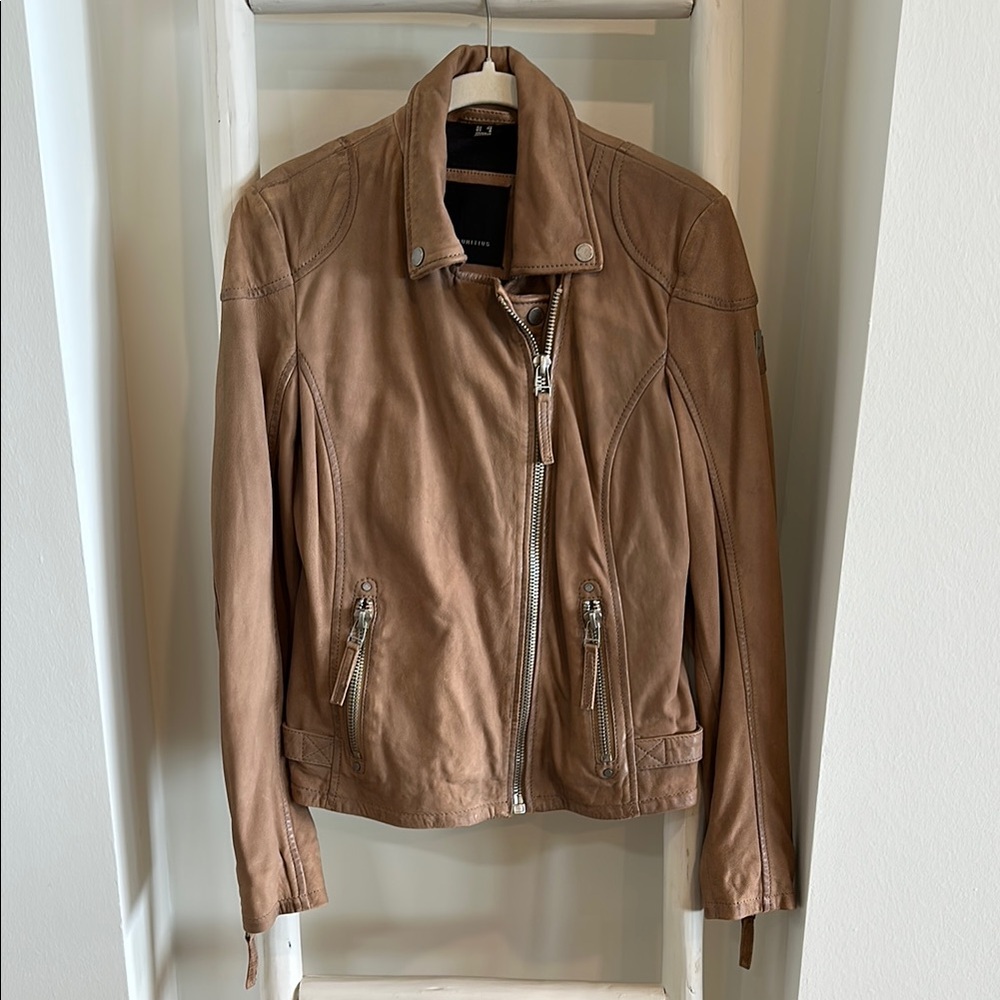 Tan Leather Jacket with Zipper Details